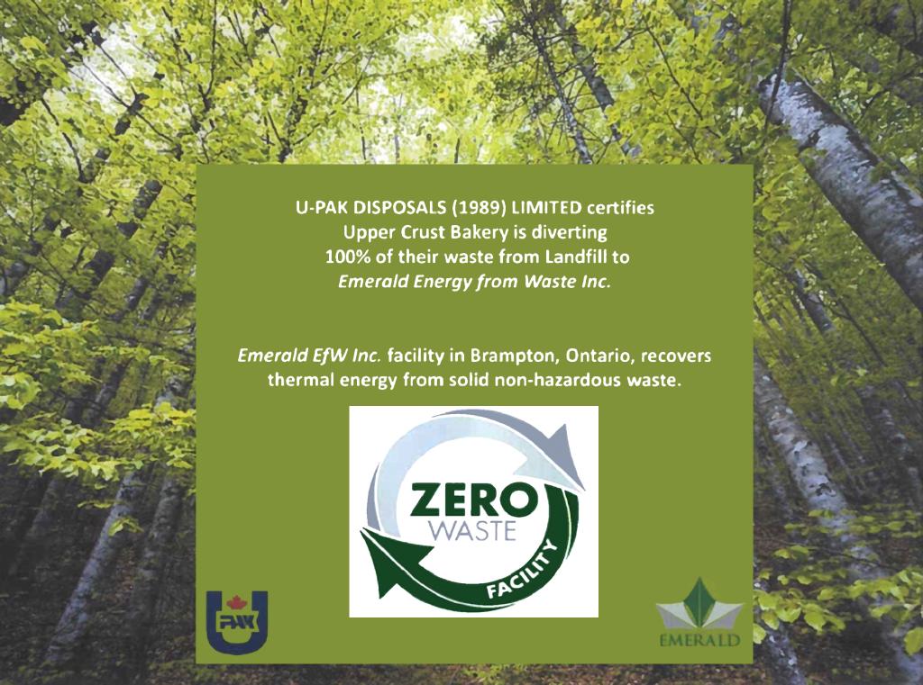 Upper Crust zero waste certification from U-Pak Disposals