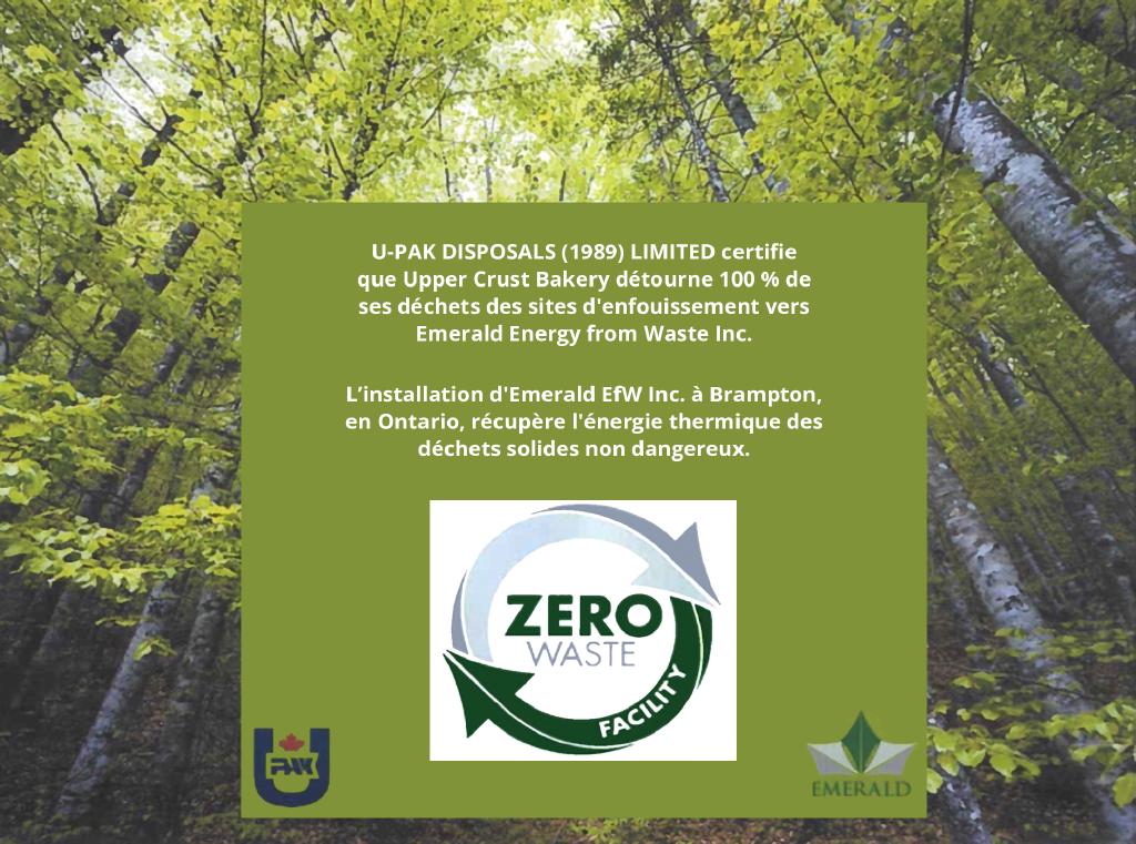 Certification zéro déchet d’Upper Crust par U-Pak Disposals